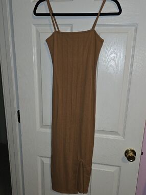 Minimalist‎ Tan Slip Midi Dress with Spaghetti Straps